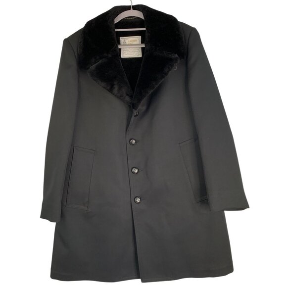 London Fog Mens Black Wool Blend Over Coat Faux Fur Collar Size 38S RJ10624 - Picture 1 of 9